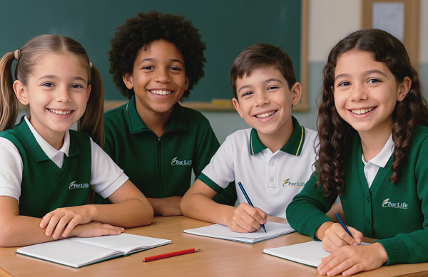 Quatro crianças sorridentes estudando em uma mesa de escola cristã bilíngue