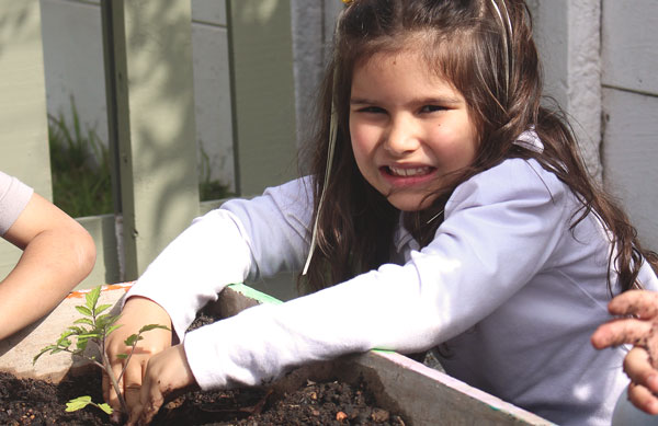 Criança sorrindo plantando verduras na terra em escola cristã bilíngue