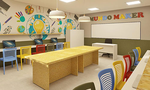 Sala Mundo Maker em escola cristã bilíngue